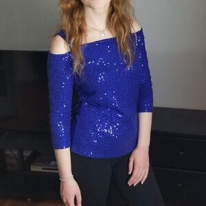 I.N.C International Concepts Cobalt Blue Cold Should Long Sleeve Sequin Top